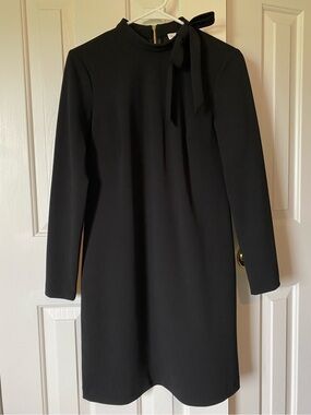 Calvin Klein Elegant Black Long-Sleeve Shift Dress with Neck Tie Size 6